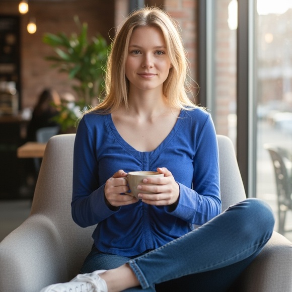 Anthropologie Royal Blue Ruched Long-Sleeve Top Luxe Sculpted Minimalist Chic - Picture 2 of 9